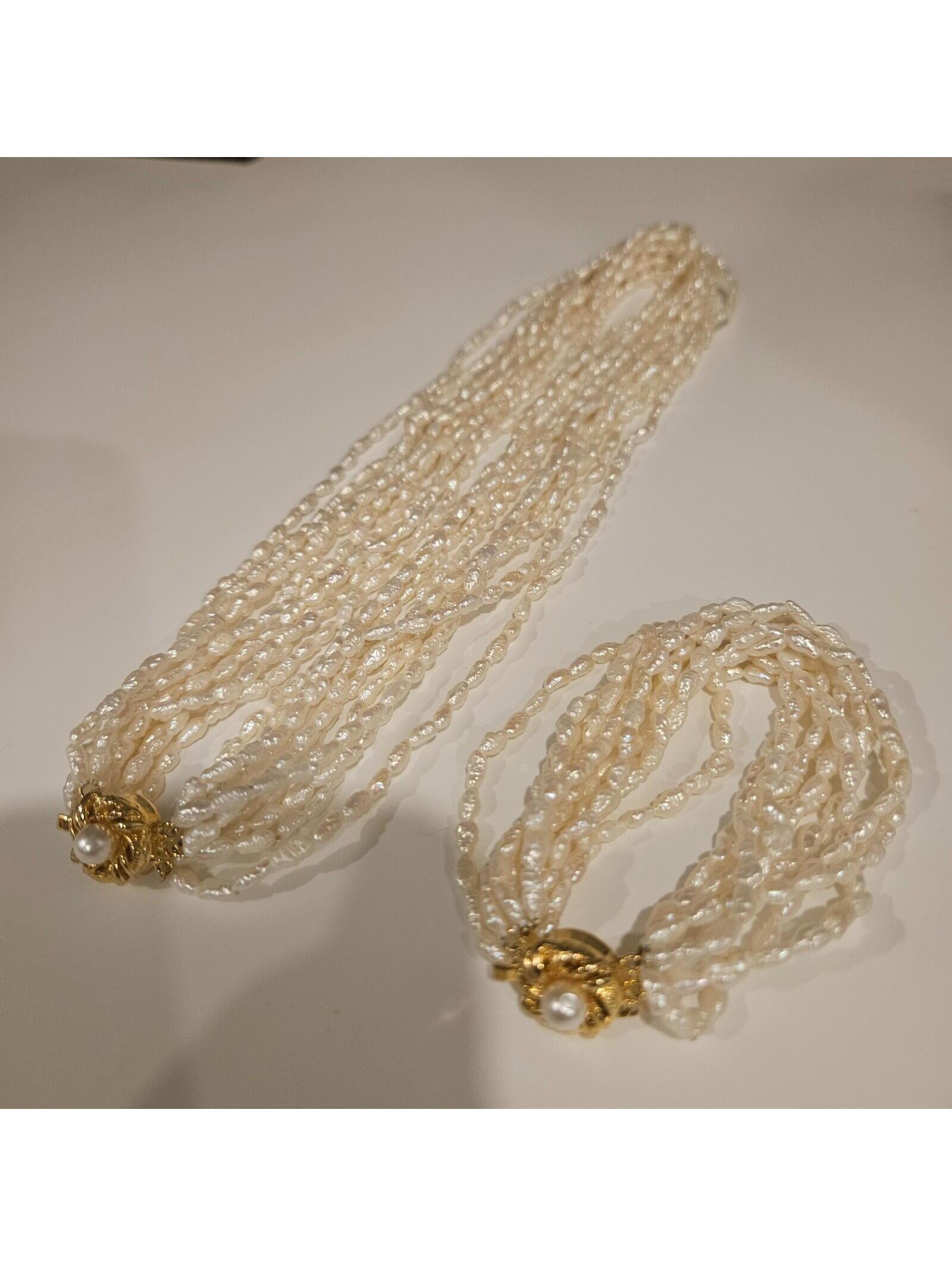 Freshwater Pearl Necklace & Bracelet 10 Strand Gold Vermeil Silver Clasp Vintage